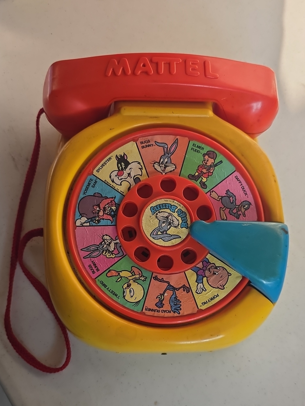 Mattel Yellow Rotary Toy Phone with Red Handle and Blue Dial Pointer